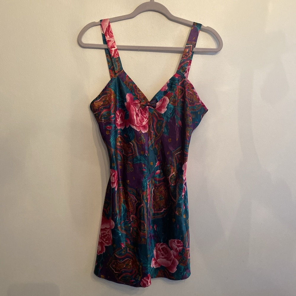 Vtg California Dynasty Floral Vintage Shiny Satin Bow Trim‎ Nightgown Women's M